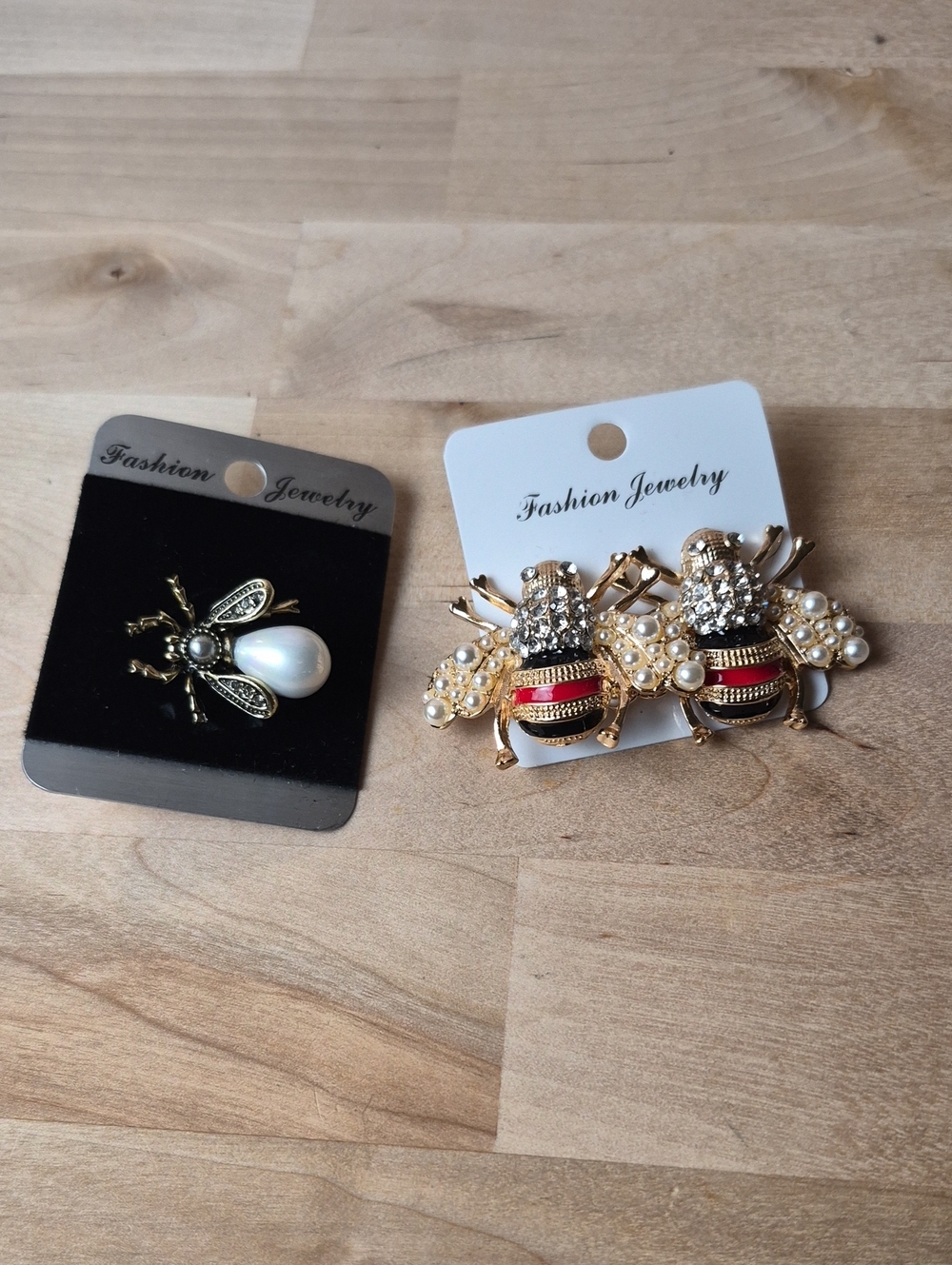 Gold Bee Brooche with Red Enamel and Pearl Accents. Pair Earring
